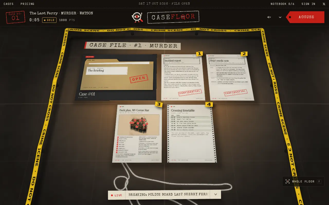 The evidence floor inside crime scene tape: the briefing folder, an incident report, a medic's note, a deck plan and a timetable